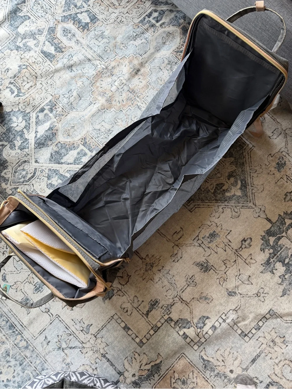 Convertible Gray Diaper Backpack with Portable Bassinet